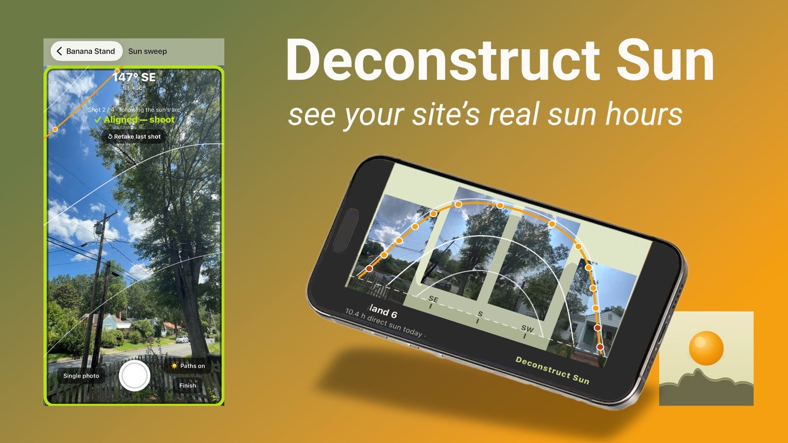 Deconstruct Sun app showing a skyline panorama and sun hours